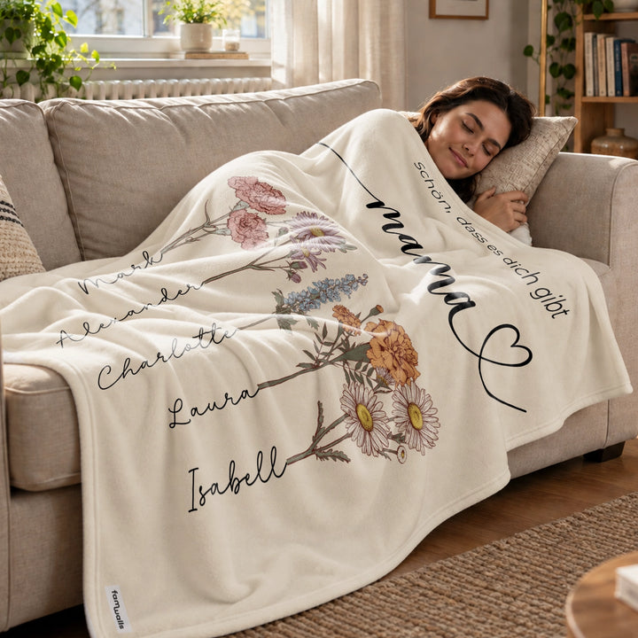 Personalisierte Decke „Blumen für Mama“ als Geschenk zum Muttertag: Blumenstrauß mit Namen der Kinder – famwalls