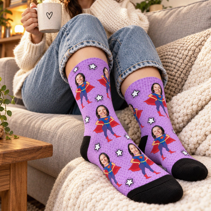 Lila Superheldin-Socken mit Foto-Gesicht und Sternen, Frau mit Tasse auf dem Sofa