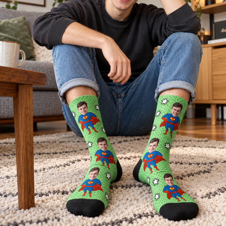 Grüne Superheld-Socken mit Foto-Gesicht und Sternen, getragen auf dem Teppich