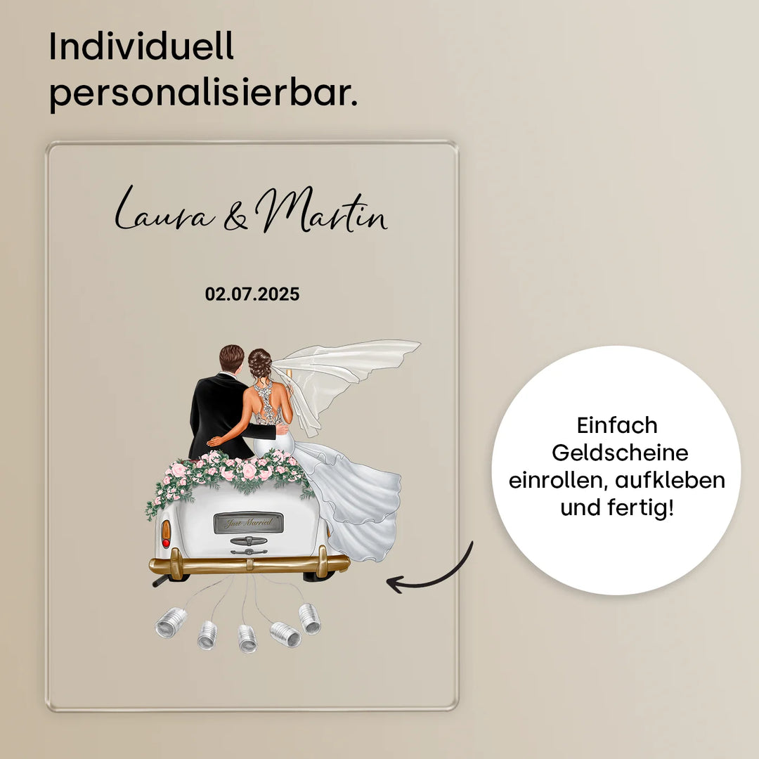 "Just Married" - Personalisierte Acryltafel als Geldgeschenk