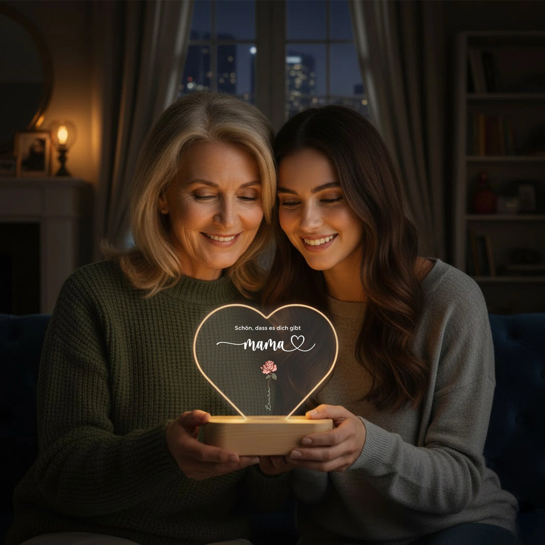Personalisiertes Herz Acryl-Licht "Blumen für Mama" | Nachtlicht, Dekolicht, Glowlight