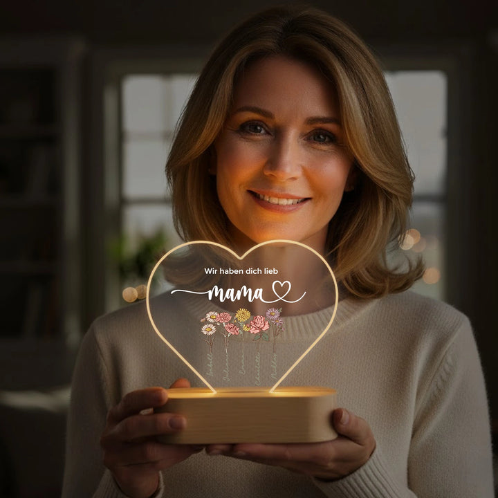 Personalisiertes Herz Acryl-Licht "Blumen für Mama" | Nachtlicht, Dekolicht, Glowlight