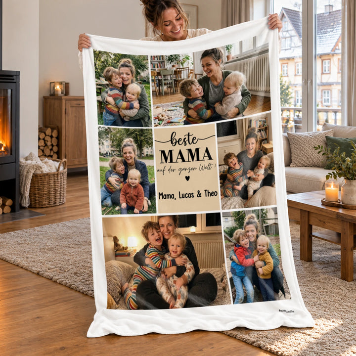Personalisierte Decke „Beste Mama Fotocollage“ mit sechs Familienfotos, Schriftzug und Namen