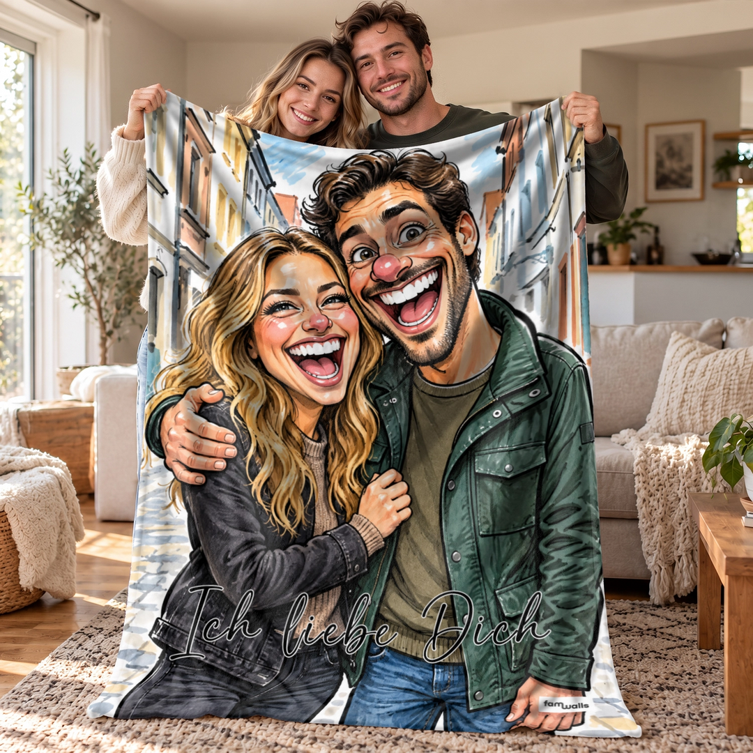 Personalisierte Decke „Couple Sketch“ als Geschenk für Paare: gezeichnete Karikatur vom Foto mit Wunschtext, famwalls