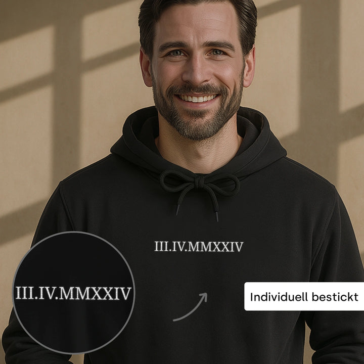 Personalisierter Hoodie bestickt "Römisches Datum"