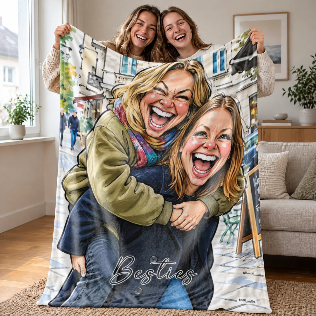 Personalisierte Decke „Besties Sketch“ als Geschenk für die beste Freundin: zwei lachende Freundinnen als farbige Illustration mit dem Spruch Besties, famwalls