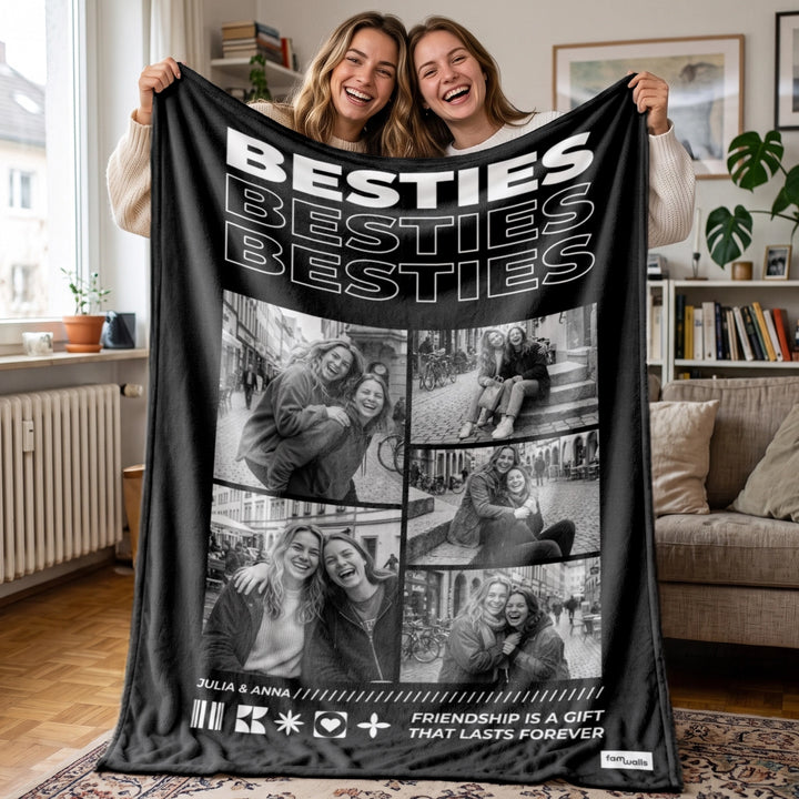 Personalisierte Decke „Besties“ als Geschenk für die beste Freundin: Fotocollage mit Namen und Spruch, famwalls