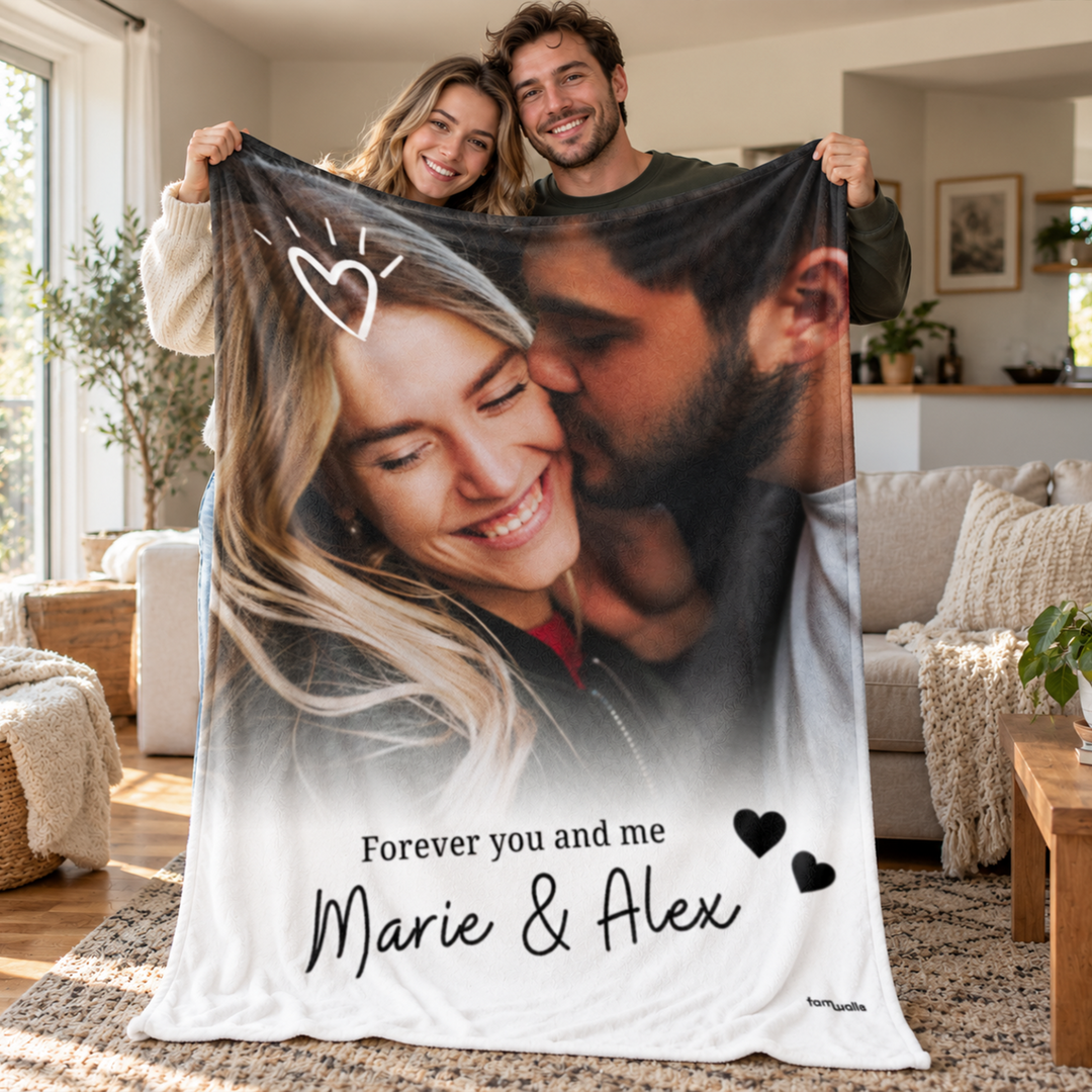 Personalisierte Kuscheldecke „Euer Foto & Text“ als Geschenk für Paare: Fotodecke mit Paarbild und Namen – famwalls