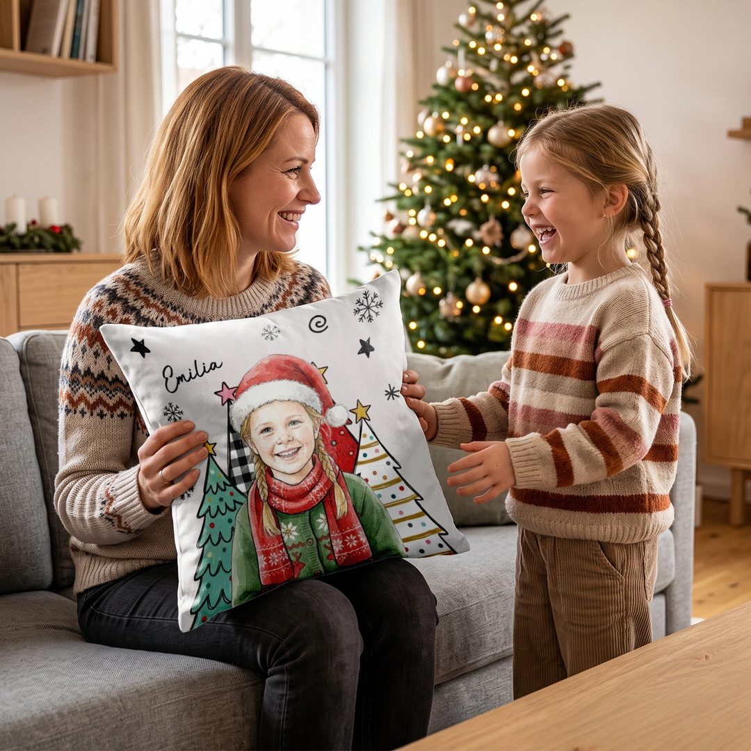 Personalisiertes Kissen "Foto Wasserfarben Weihnachten"