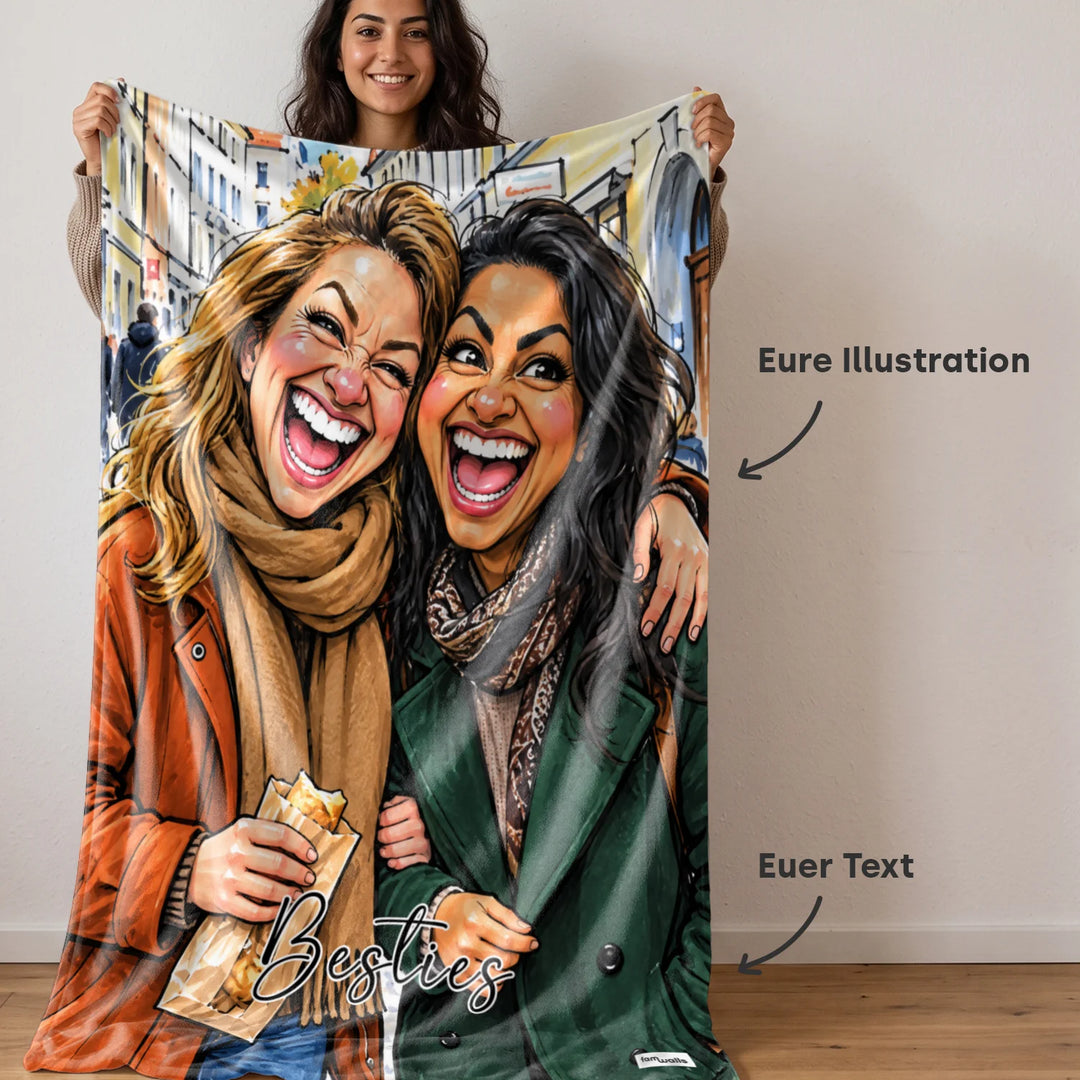 Frau hält die Decke mit zwei Freundinnen als Illustration und dem Spruch Besties, mit Hinweis auf eure Illustration und euren Text