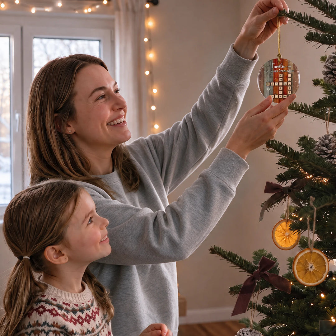 Mutter und Tochter schmücken den Weihnachtsbaum mit dem personalisierten Scrabble-Anhänger