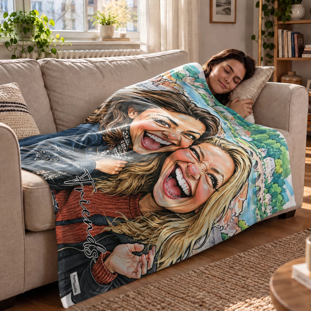 Frau kuschelt auf dem Sofa unter der Decke mit zwei lachenden Freundinnen und dem Spruch Best Friends