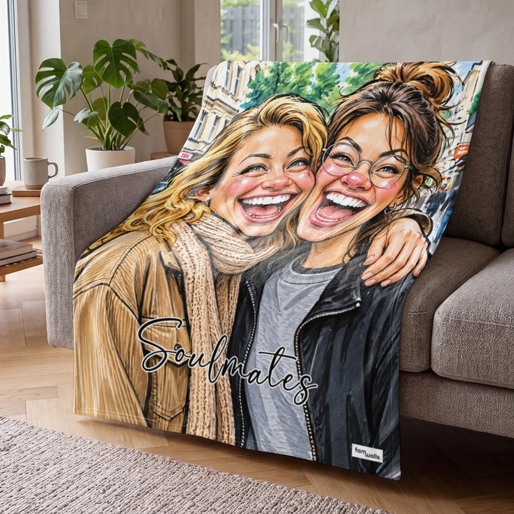 Decke mit zwei Freundinnen als Illustration und dem Spruch Soulmates über der Sofalehne