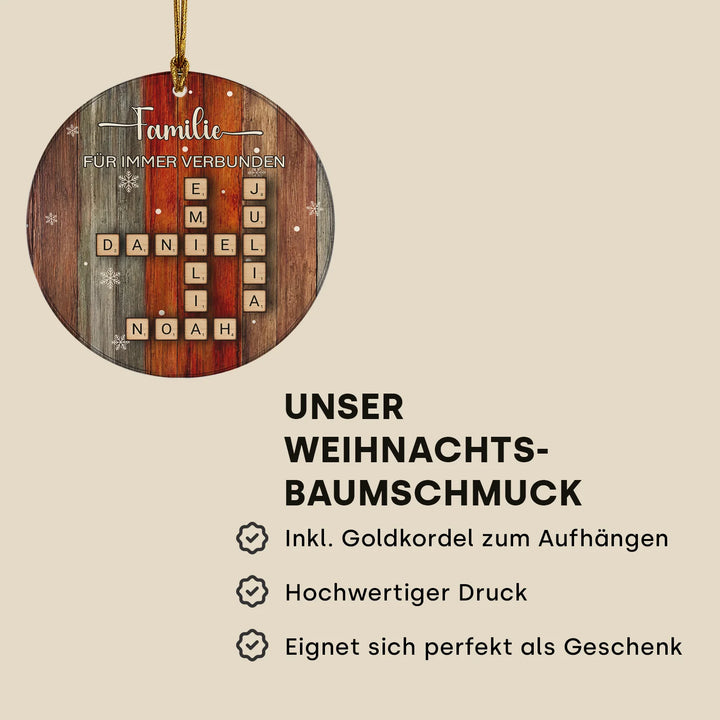 Infografik zum Weihnachtsbaumschmuck „Scrabble“: inklusive Goldkordel, hochwertiger Druck, ideal als Geschenk