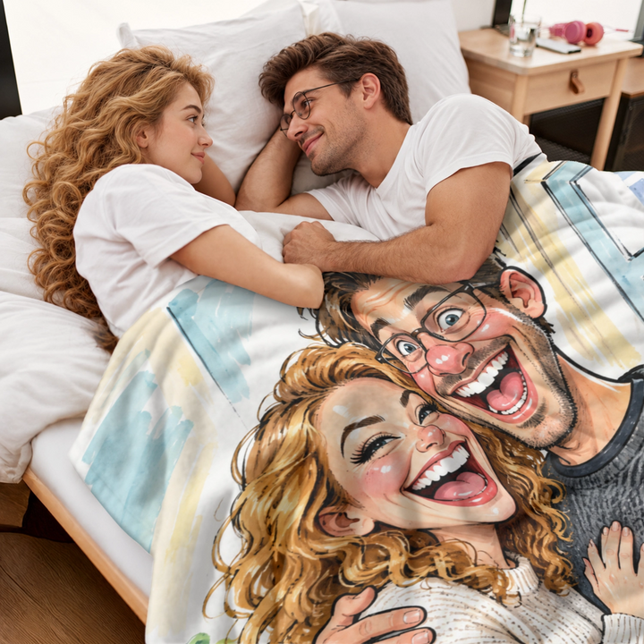Paar liegt im Bett unter der Decke mit seiner gezeichneten Karikatur