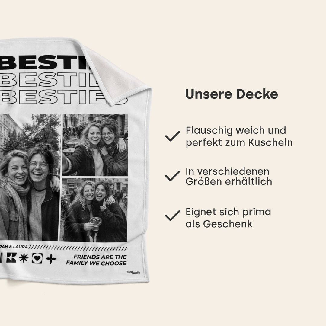 Infografik zur Besties-Decke: flauschig weich, in verschiedenen Größen erhältlich, ideal als Geschenk