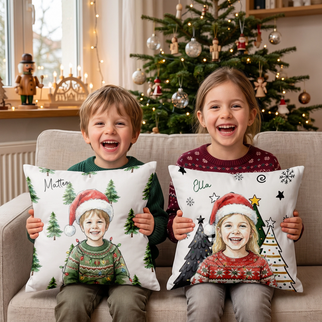 Personalisiertes Kissen "Foto Wasserfarben Weihnachten"