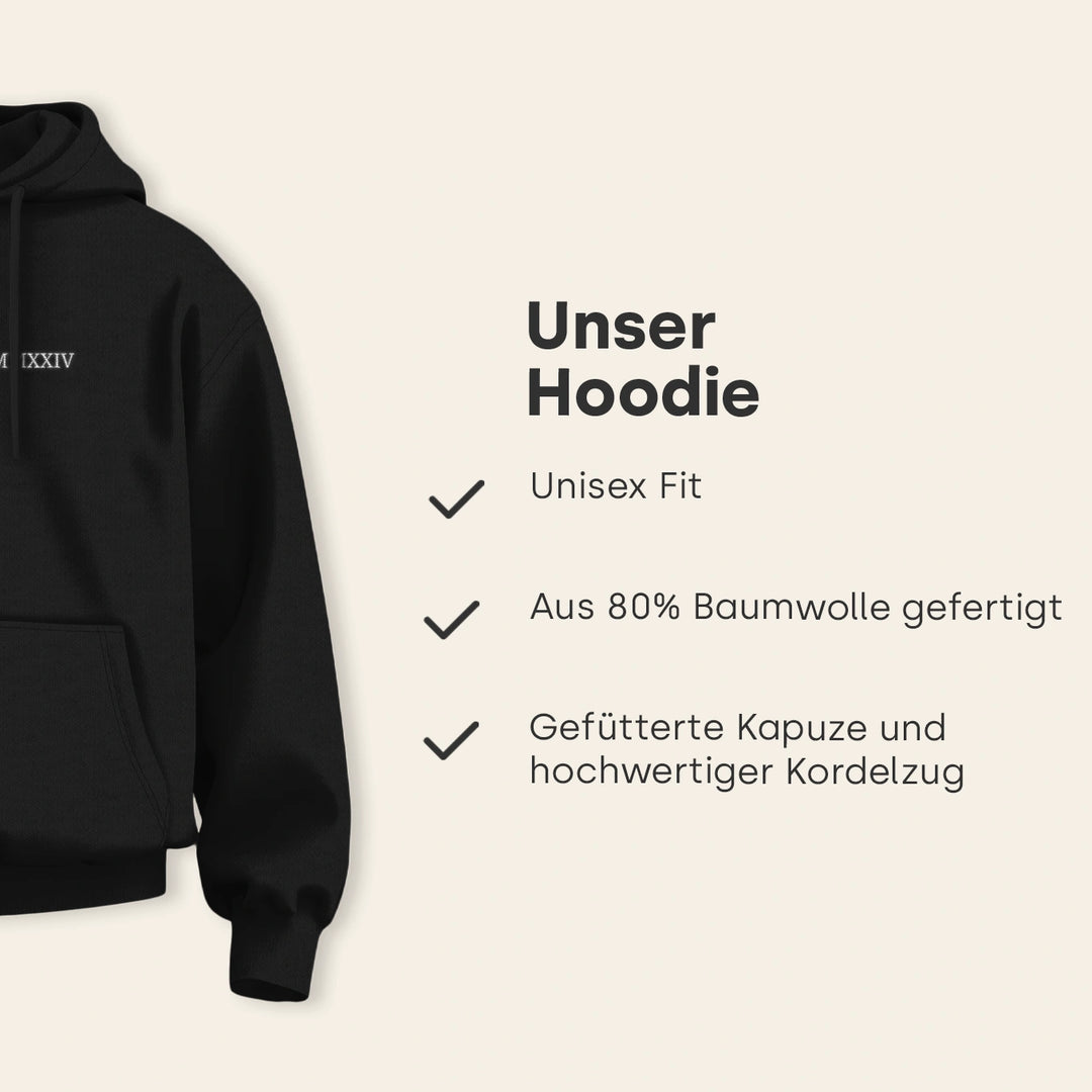 Personalisierter Hoodie bestickt "Römisches Datum"