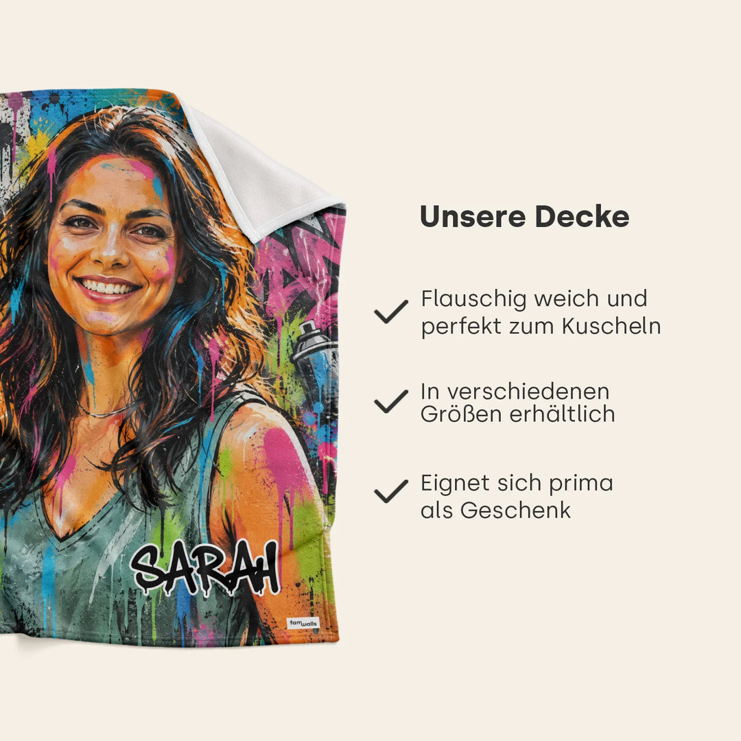 Graffiti-Decke mit Porträt und Namen „Sarah“, flauschig weich und in verschiedenen Größen erhältlich