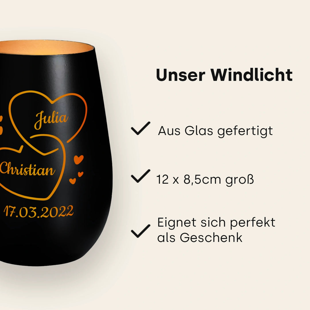 Personalisiertes Windlicht "Zwei Herzen"