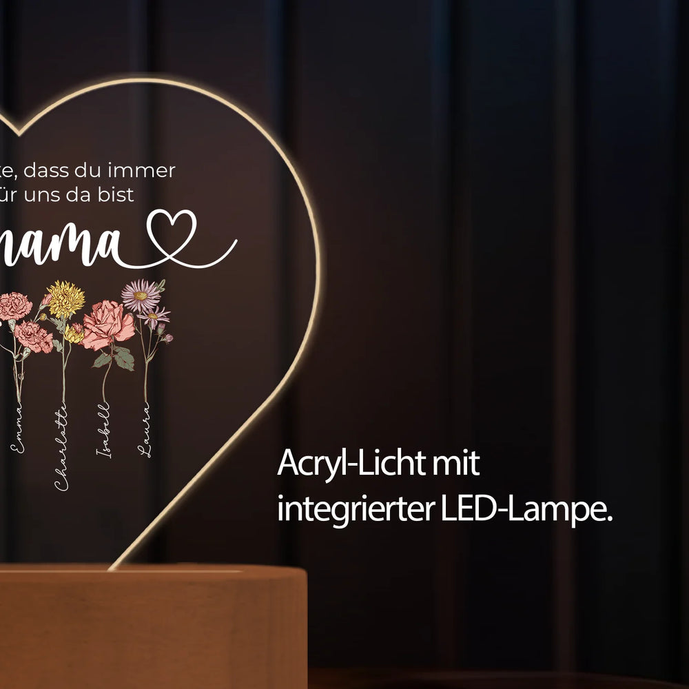 Personalisiertes Herz Acryl-Licht ''Blumen für Mama'' | Nachtlicht, Dekolicht, Glowlight