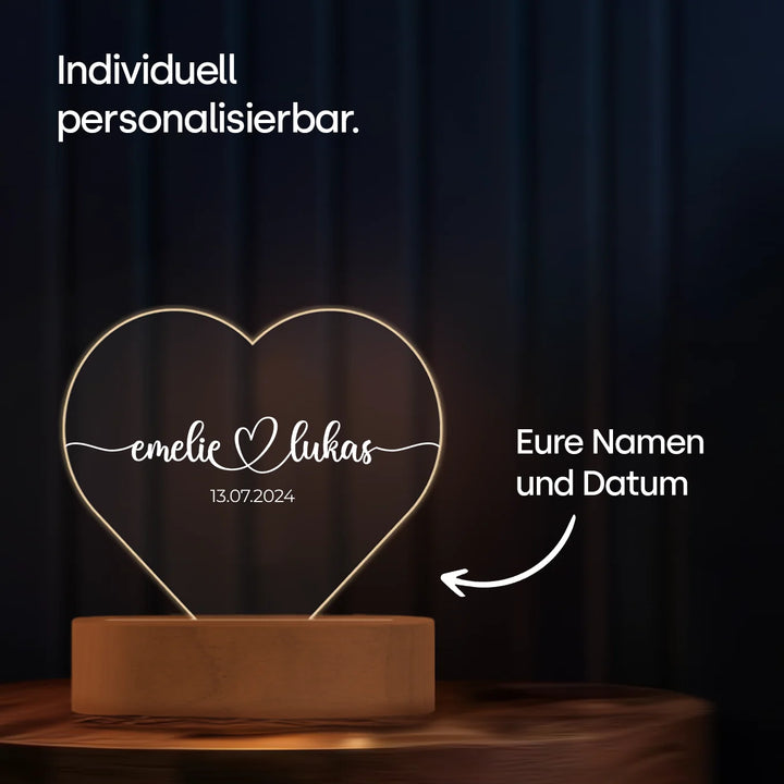 Personalisiertes Herz Acryl-Licht "Namen & Datum" | Nachtlicht, Dekolicht, Glowlight