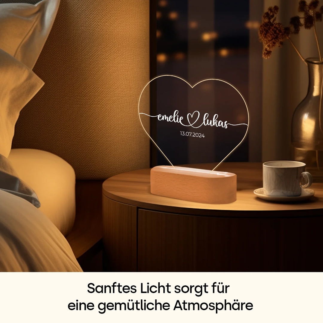 Personalisiertes Herz Acryl-Licht "Namen & Datum" | Nachtlicht, Dekolicht, Glowlight