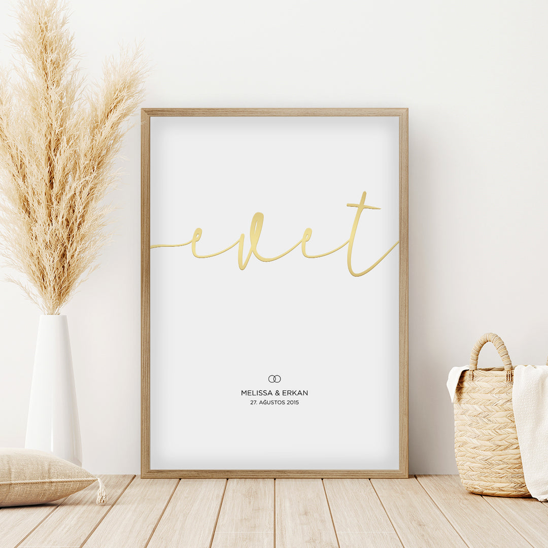Wedding poster "Evet" (Turkish) with gold lettering