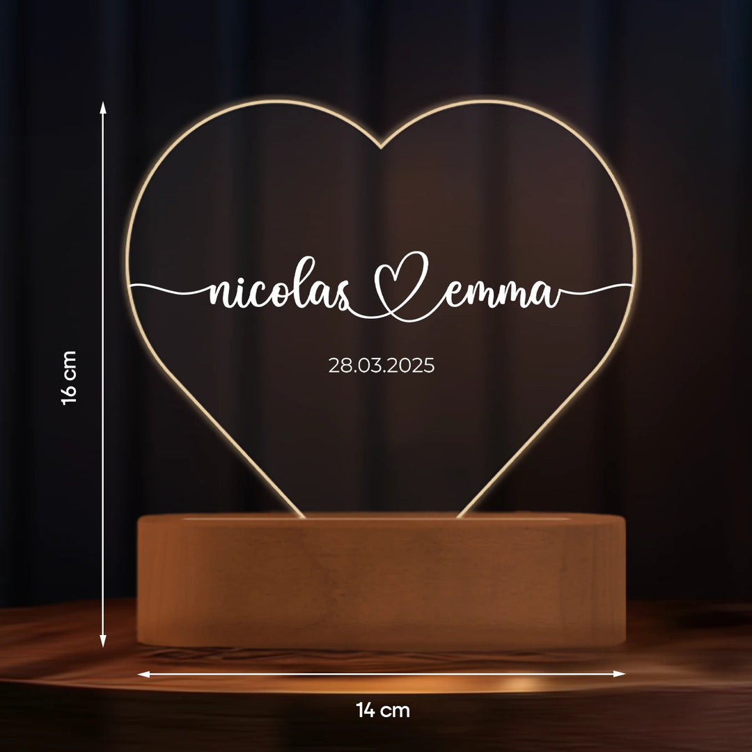 Personalisiertes Herz Acryl-Licht "Namen & Datum" | Nachtlicht, Dekolicht, Glowlight