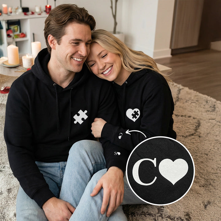 Personalisierte Partnerlook Hoodies "Puzzlestück" (mit Ärmeldruck)