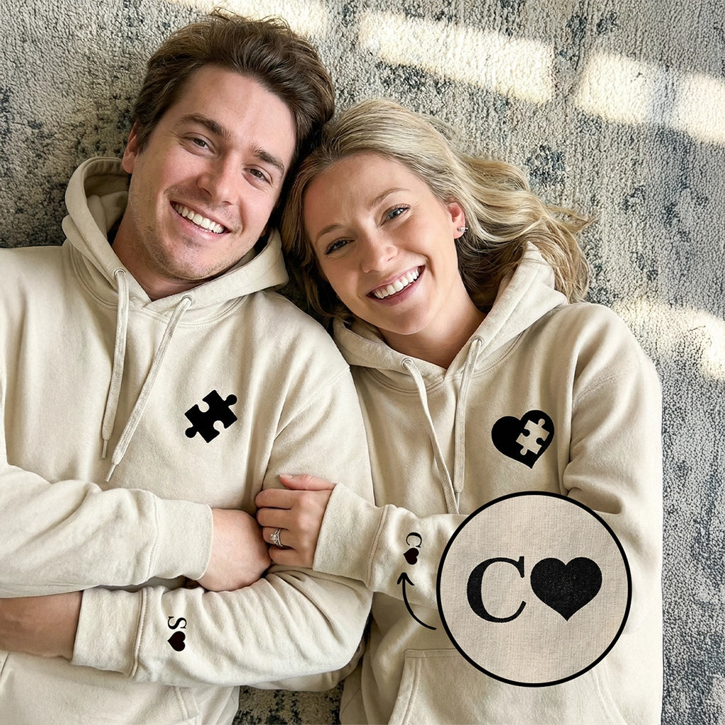 Personalisierte Partnerlook Hoodies "Puzzlestück" (mit Ärmeldruck)