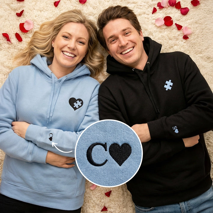 Personalisierte Partnerlook Hoodies mit Stick "Puzzlestück"