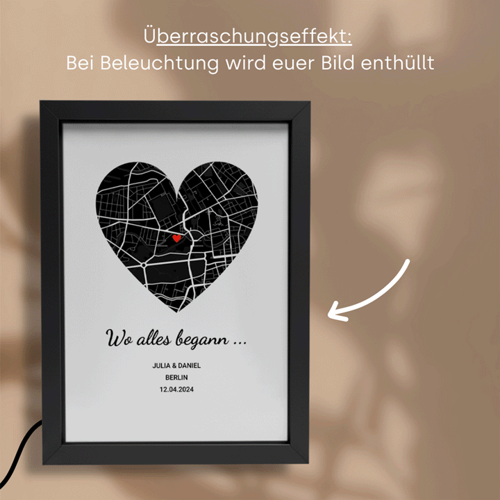 LED Bilderrahmen mit personalisiertem Bild "Wo alles begann"