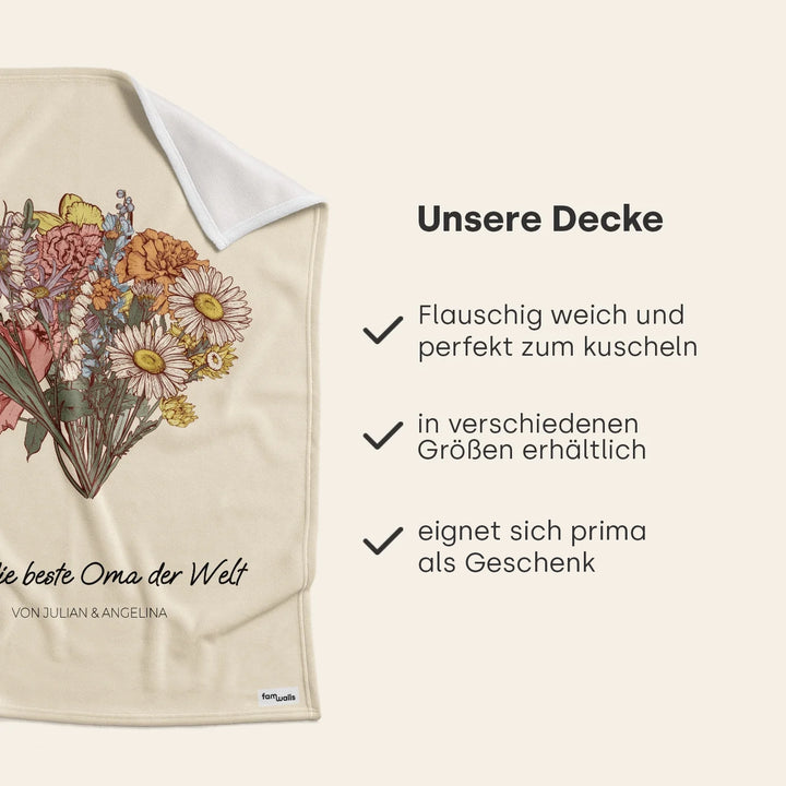 Infografik Blumenstrauß-Decke: flauschig weich, verschiedene Größen, ideal als Geschenk