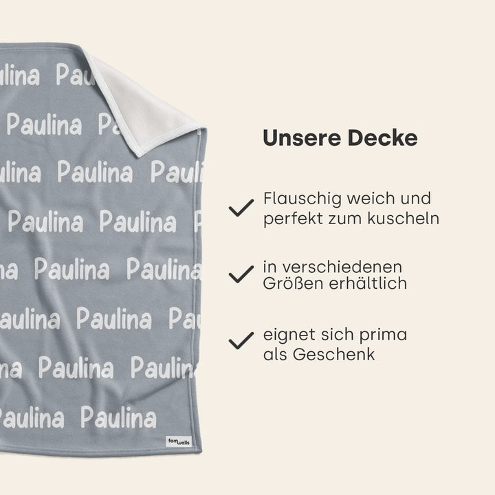 Infografik Namensdecke: flauschig weich, verschiedene Größen, ideal als Geschenk