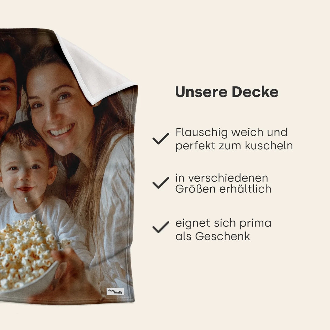 Infografik Foto-Decke: flauschig weich, verschiedene Größen, ideal als Geschenk