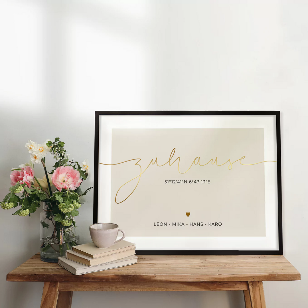 Poster "Zuhause Koordinaten" mit Goldschrift famwalls