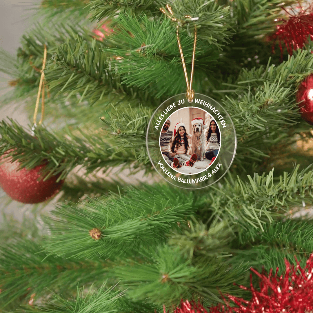 Personalisierter Weihnachtsbaumschmuck mit Foto und Text