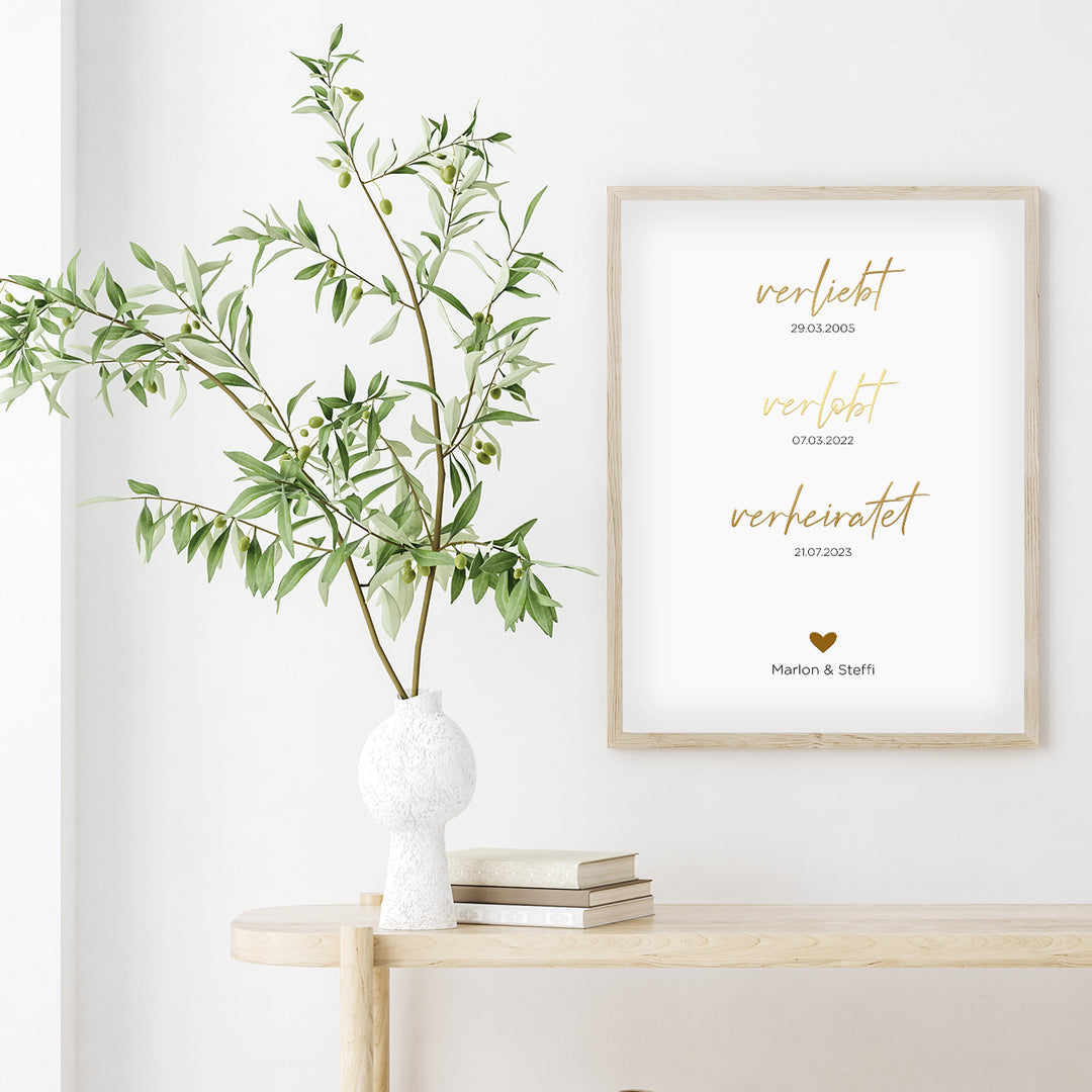 Wedding poster "In Love, Engaged, Married" with gold lettering